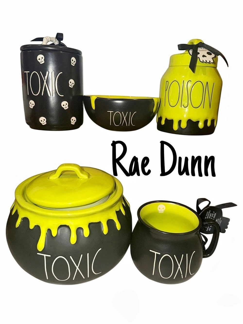 Rae Dunn Toxic Poison collection 5-Piece Dinnerware Set Black & Green Halloween